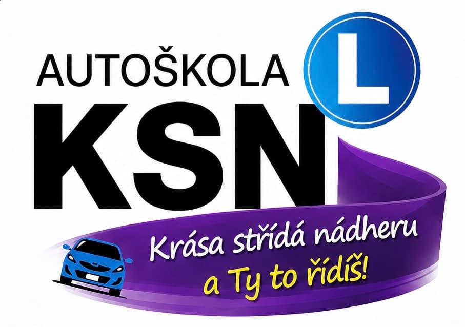 Logo Autoškoly KSN s modrou plaketou L, fialovou stuhou se sloganem a modrým autem